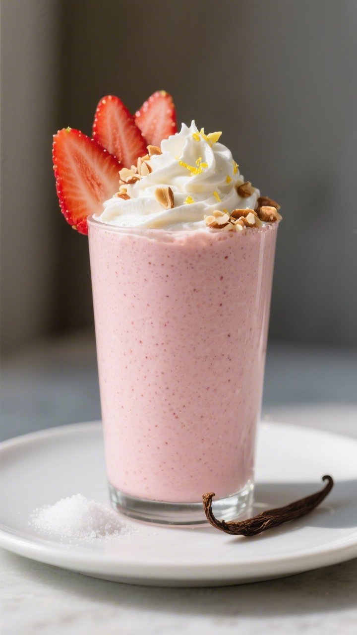 Final dish hero shot: Tall chilled glass of Strawberry Cheesecake Keto Protein Smoothie, ultra-smoot