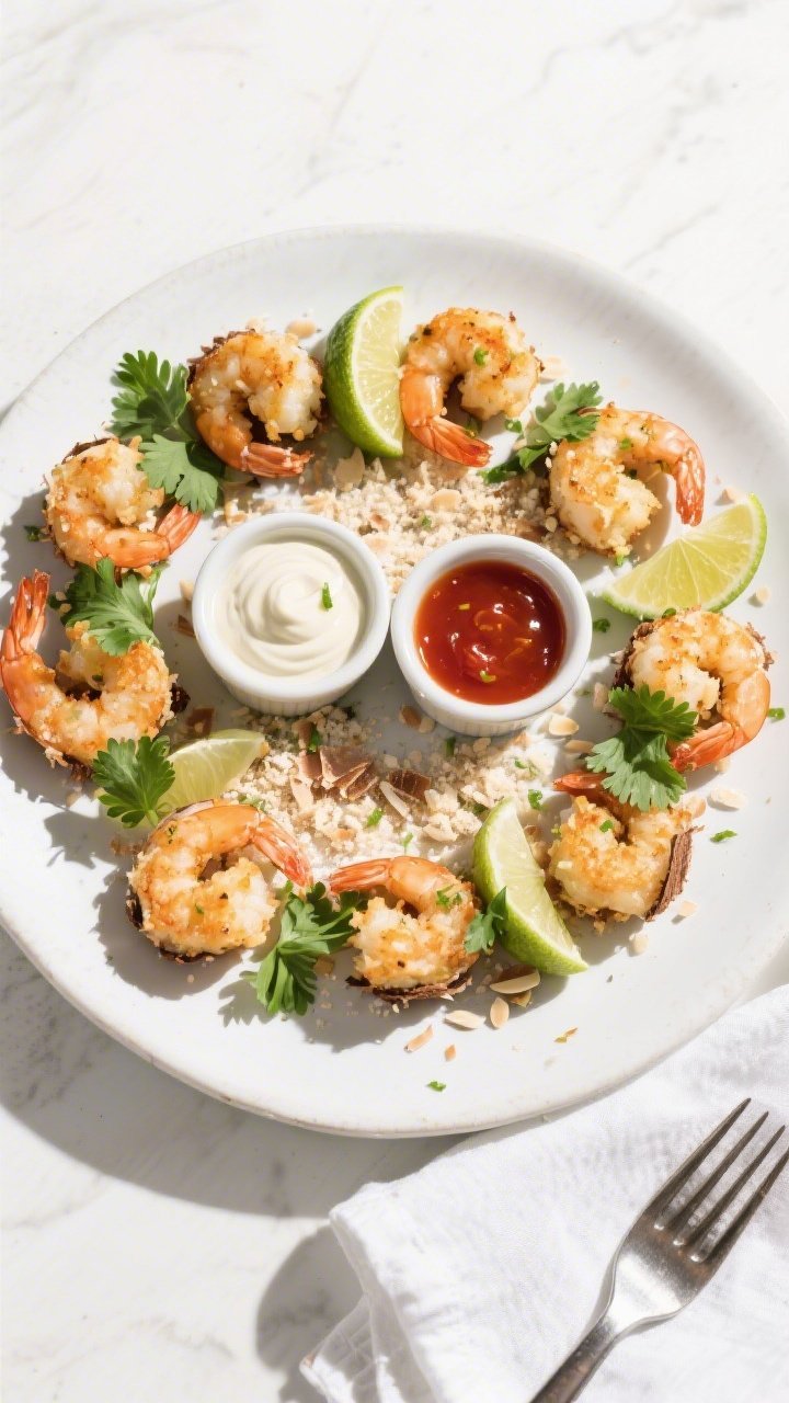 Final dish overhead: Tasty top-down platter of Keto Coconut Shrimp Bites arranged in a loose circle 