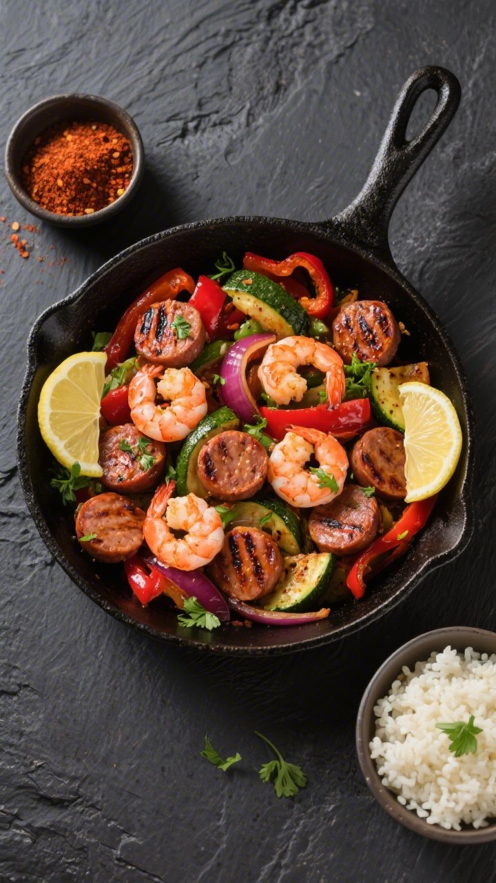 Final dish, overhead: Top-down shot of Keto Cajun Sausage and Shrimp Skillet served family-style in 