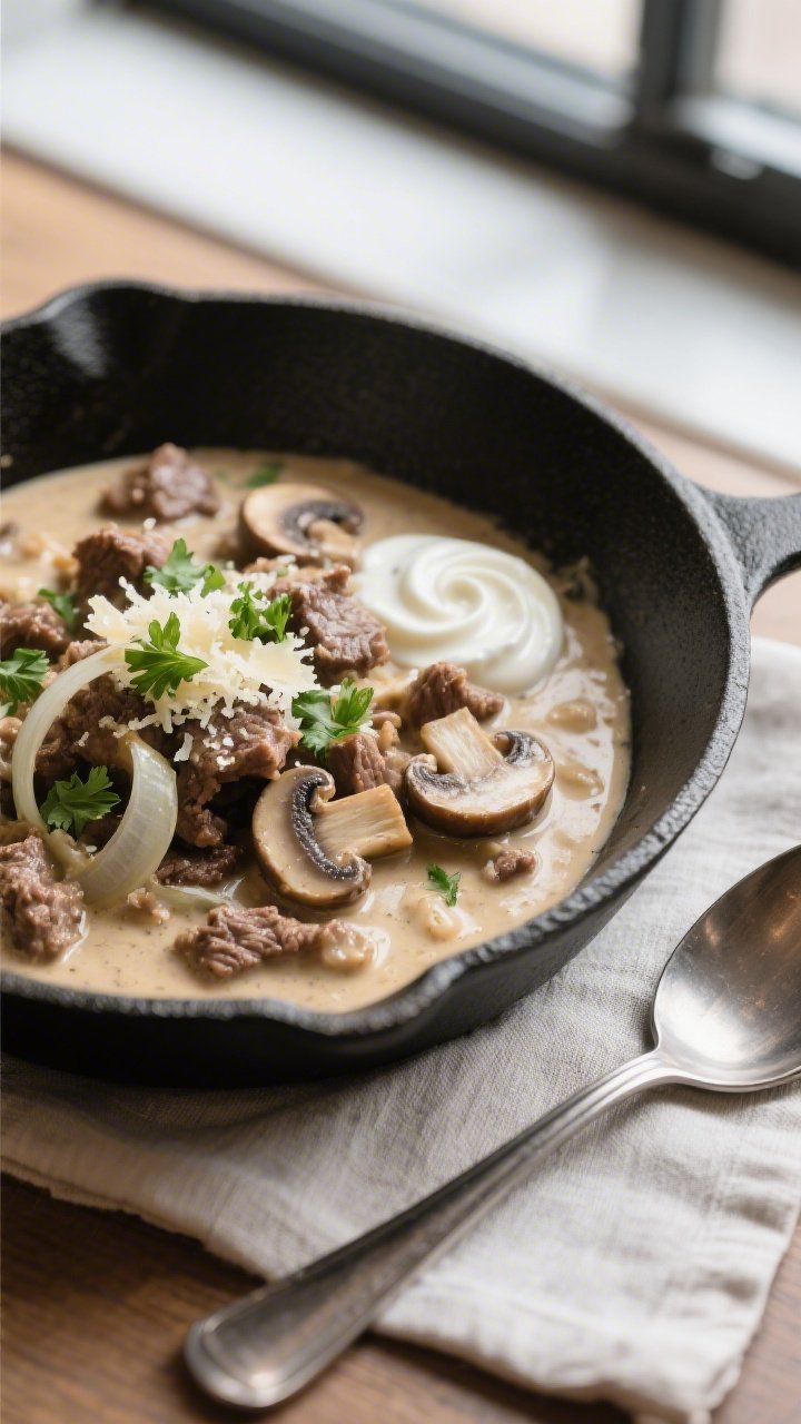 Final dish, plated: Keto Creamy Mushroom Beef Skillet spooned into a low, wide matte-black bowl, coa