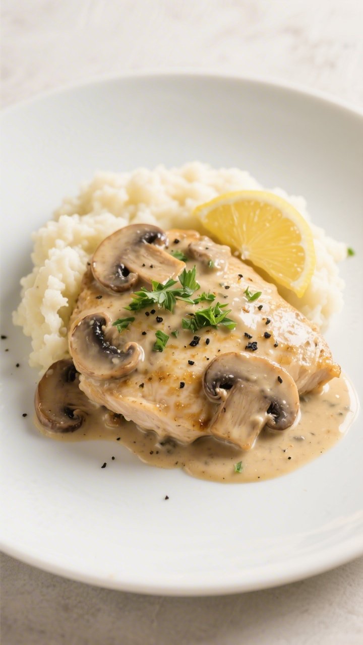 Final dish, plated: Keto Creamy Mushroom Chicken elegantly plated on a wide, matte white dinner plat