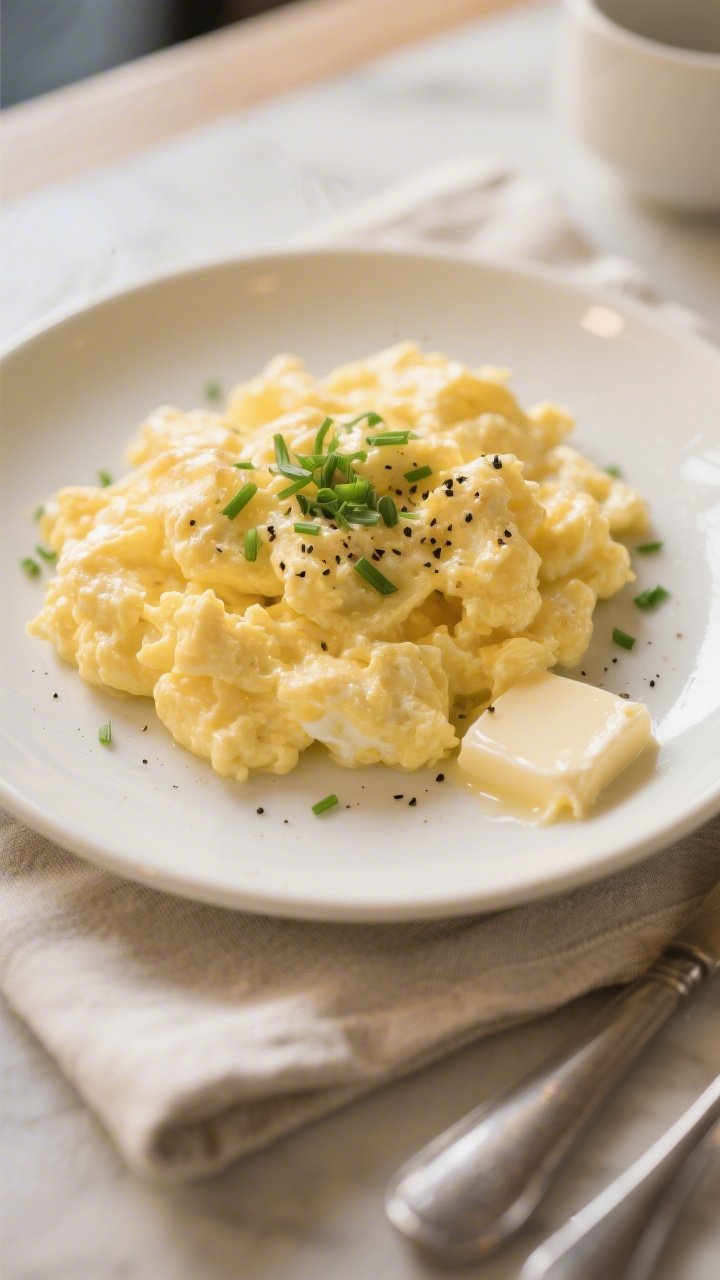 Final dish, plated presentation: Perfect scrambled eggs plated on a warm white ceramic plate, ultra-