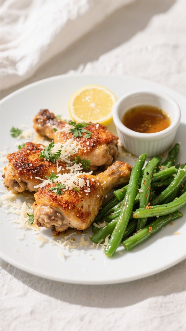 Final dish plated: Restaurant-quality presentation of Keto Garlic Parmesan Chicken Thighs arranged s