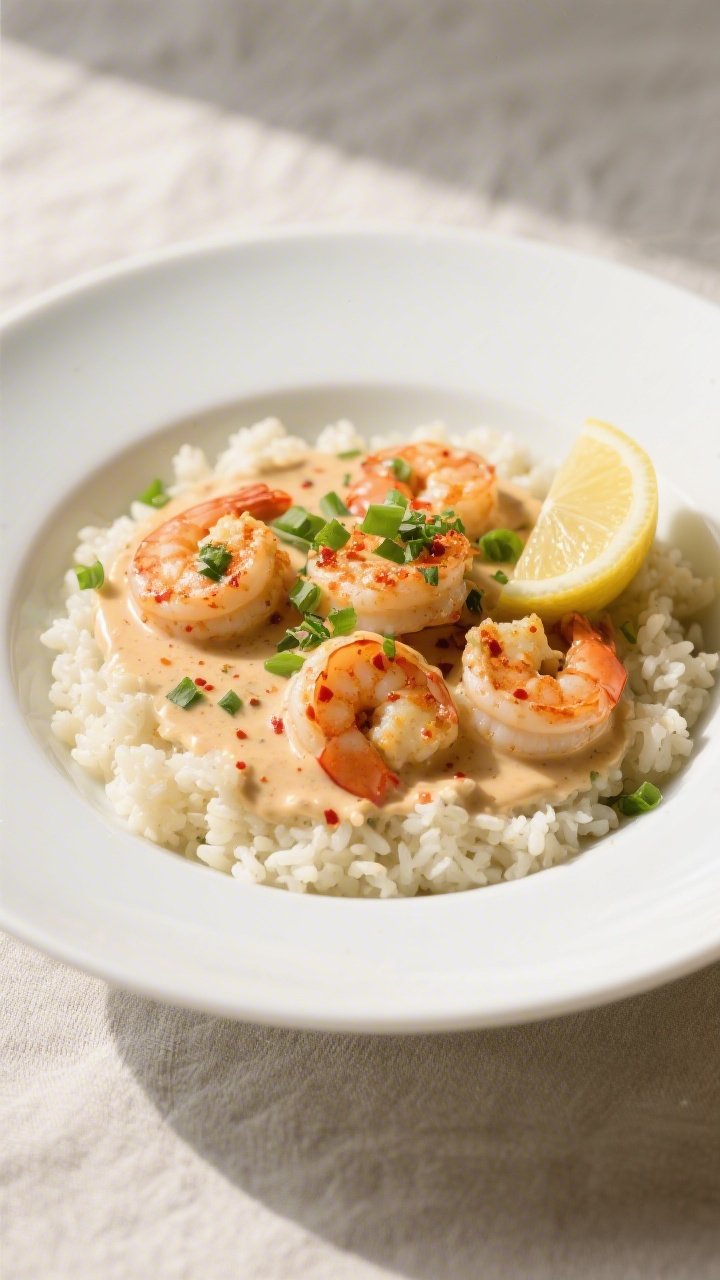 Final dish, plated restaurant-style: Keto Creamy Cajun Shrimp Skillet plated over fluffy cauliflower