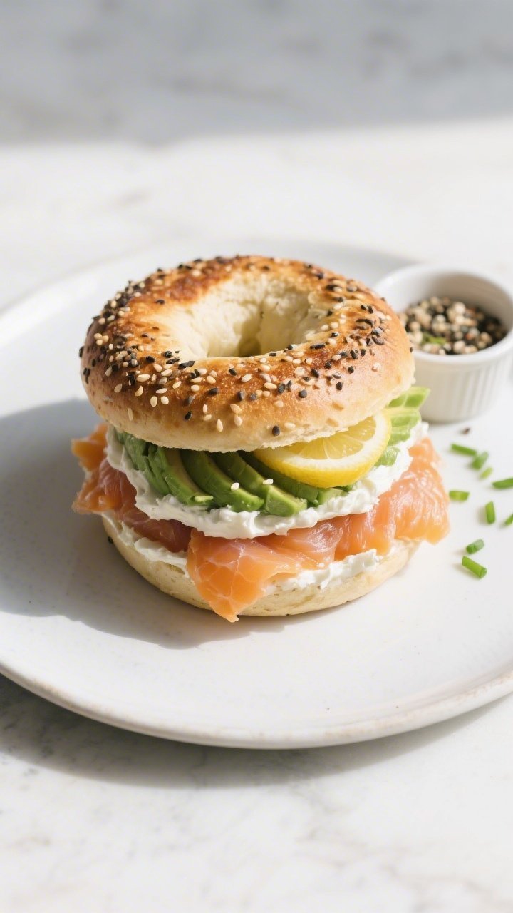 Final dish plated: Sliced and toasted keto everything bagel stacked as a breakfast sandwich—layers