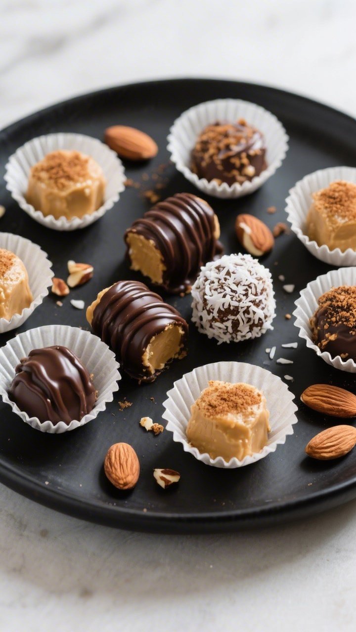 Final dish presentation: Beautifully plated assortment of Keto Cinnamon Almond Butter Fat Bombs in m