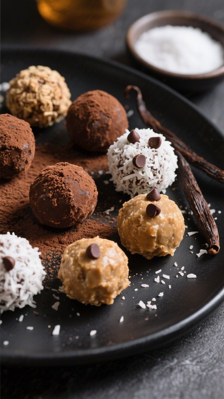 Final dish presentation: Beautifully plated assortment of keto peanut butter fat bomb bliss balls on