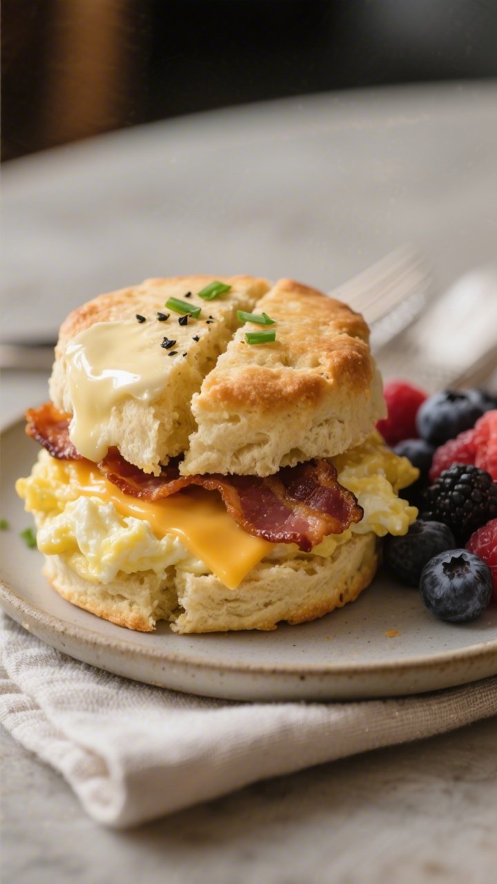 Final dish presentation: Beautifully plated buttery keto biscuit sliced open and used as a breakfast
