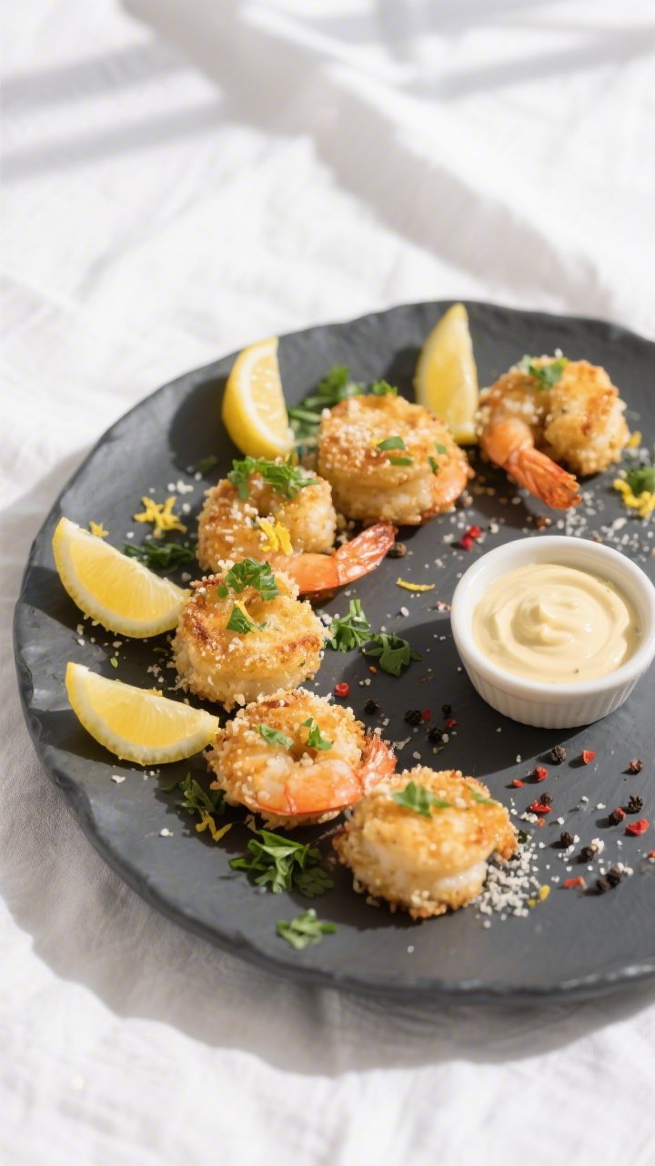 Final dish presentation: Beautifully plated Garlic Parmesan Keto Shrimp Bites arranged in a crescent