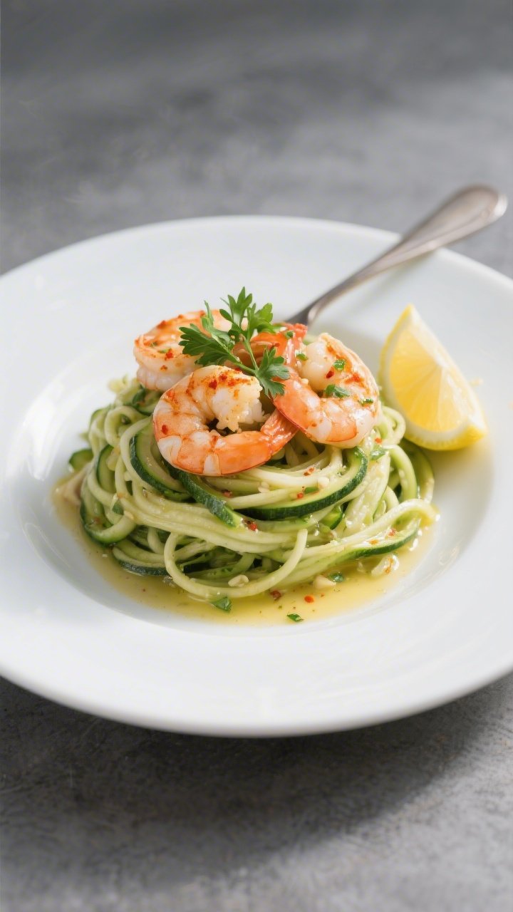 Final dish presentation: Beautifully plated garlic butter shrimp over zucchini noodles (zoodles) twi
