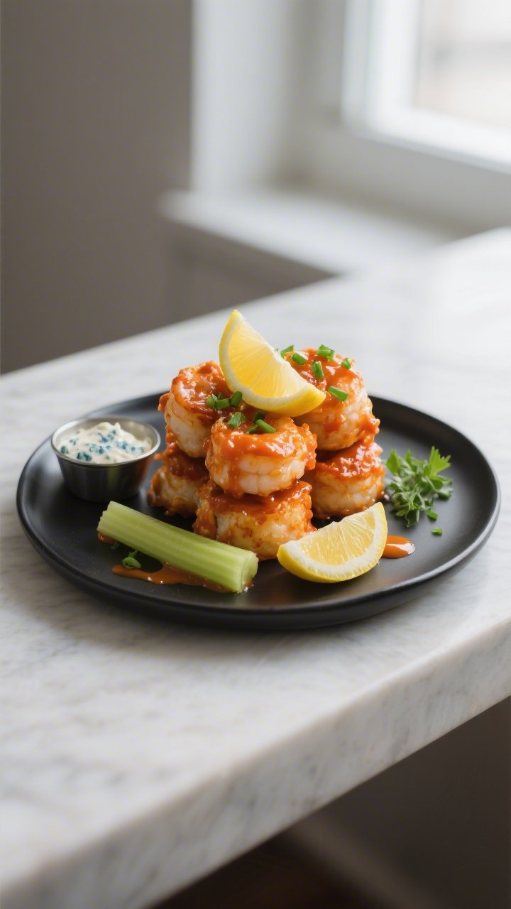 Final dish presentation: Beautifully plated Keto Buffalo Shrimp Bites stacked on a matte black plate
