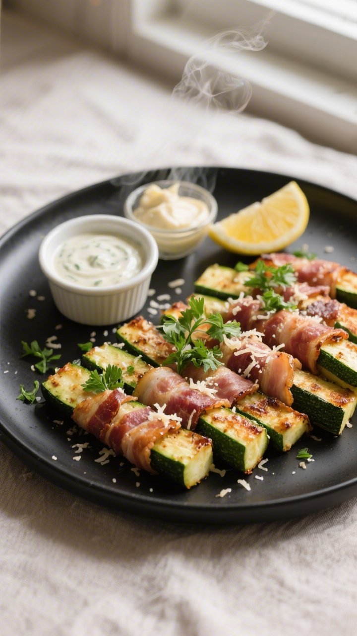 Final dish presentation: Beautifully plated Keto Bacon Wrapped Zucchini Spears arranged in a fan on 