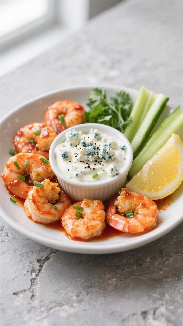 Final dish presentation: Beautifully plated Keto Buffalo Shrimp with Blue Cheese Dip, arranged in a 