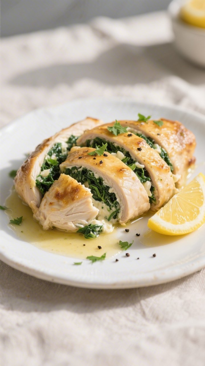 Final dish presentation: Beautifully plated Keto Creamy Spinach Stuffed Chicken sliced on the bias t