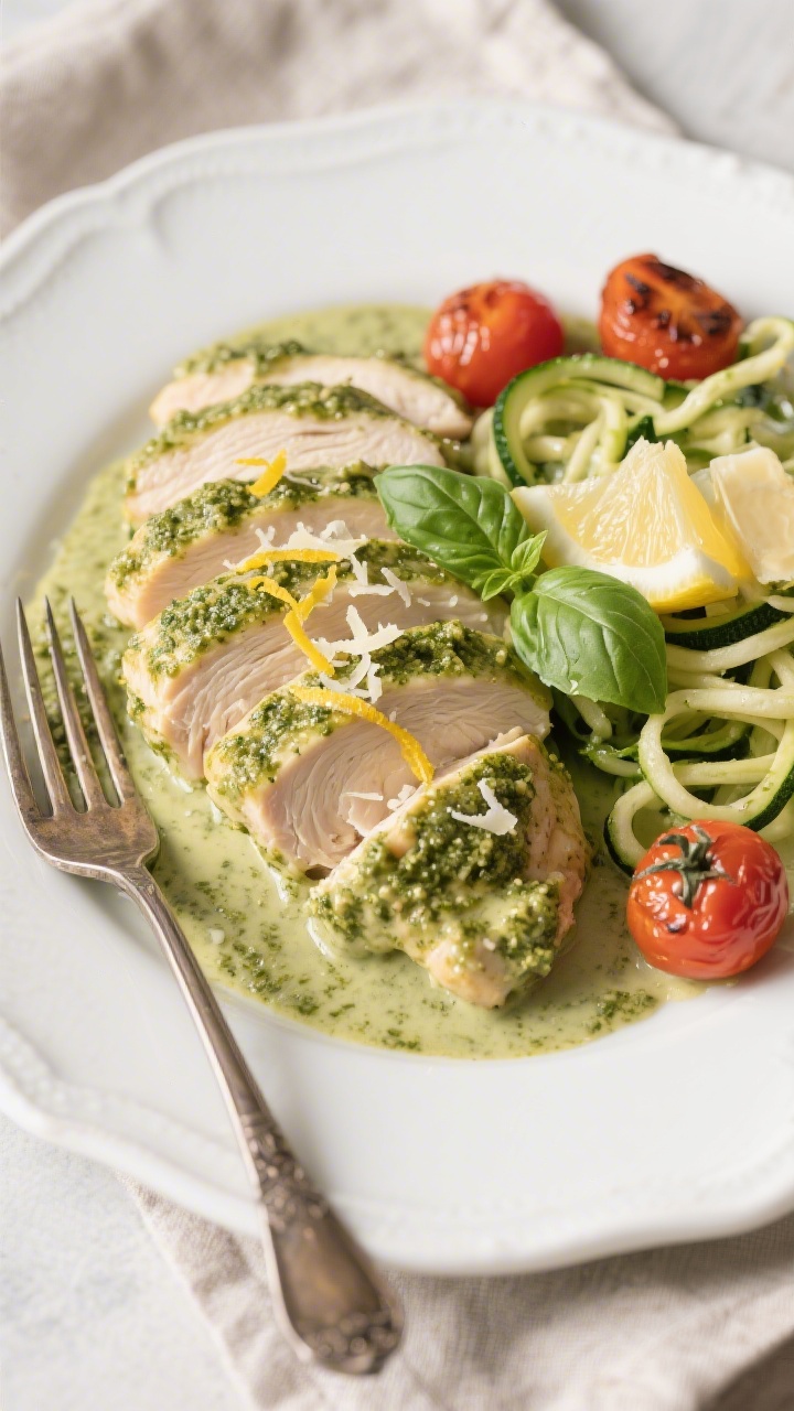 Final dish presentation: Beautifully plated Keto Creamy Pesto Chicken on a white ceramic plate, slic