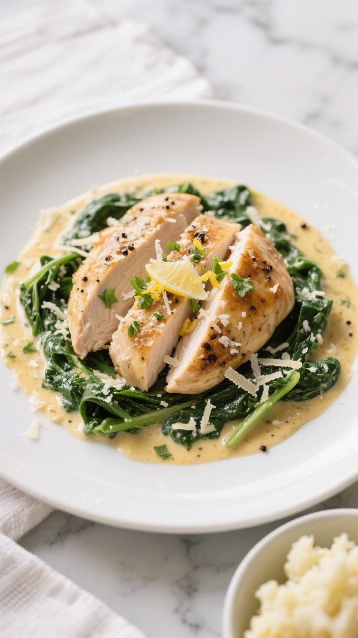 Final dish presentation: Beautifully plated Keto Chicken Florentine—two sliced chicken breasts fan