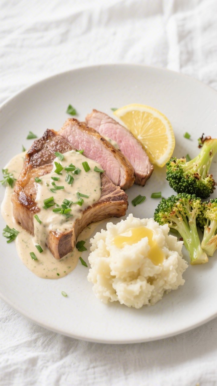 Final dish presentation: Beautifully plated Keto Creamy Ranch Pork Chops on a matte white dinner pla