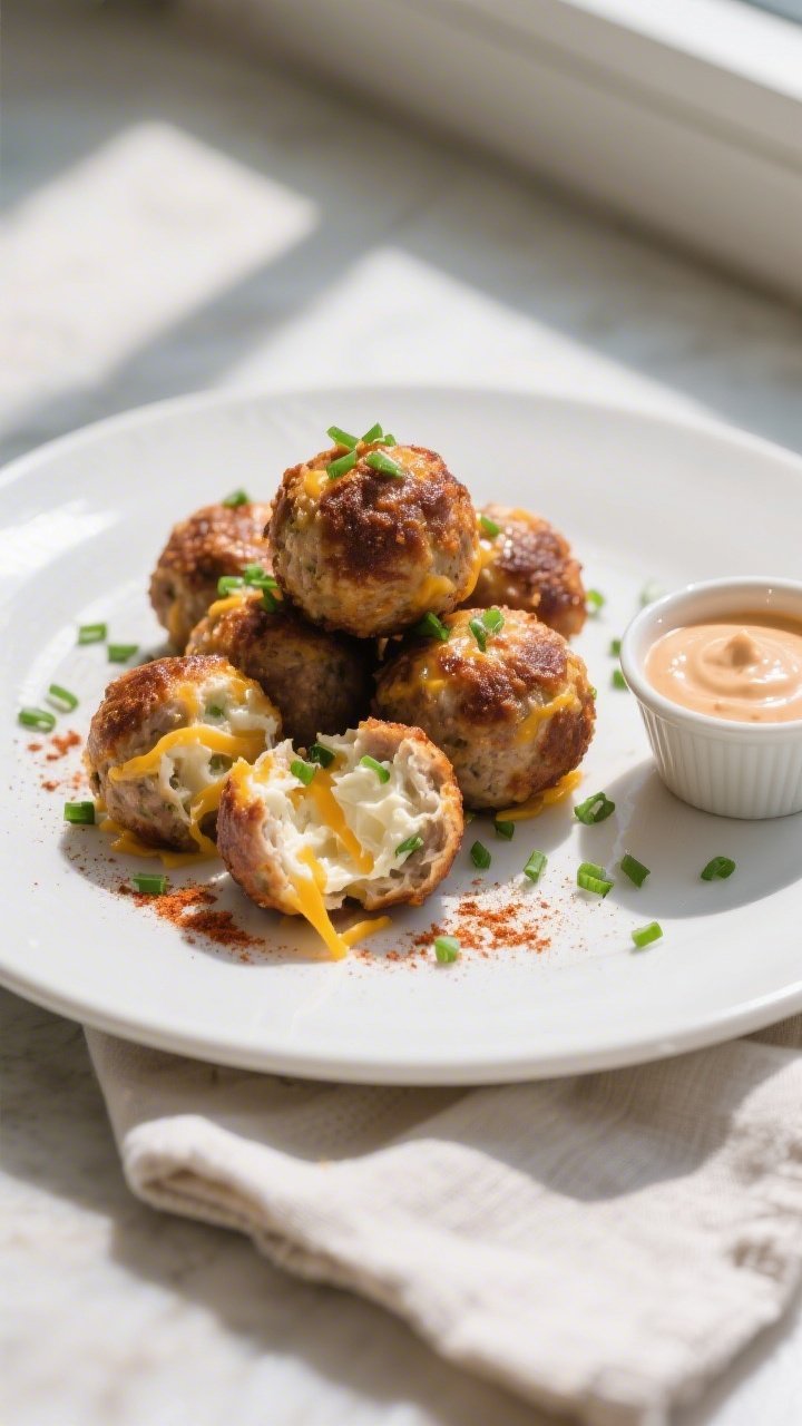 Final dish presentation: Beautifully plated Keto Cream Cheese Sausage Balls stacked on a matte white