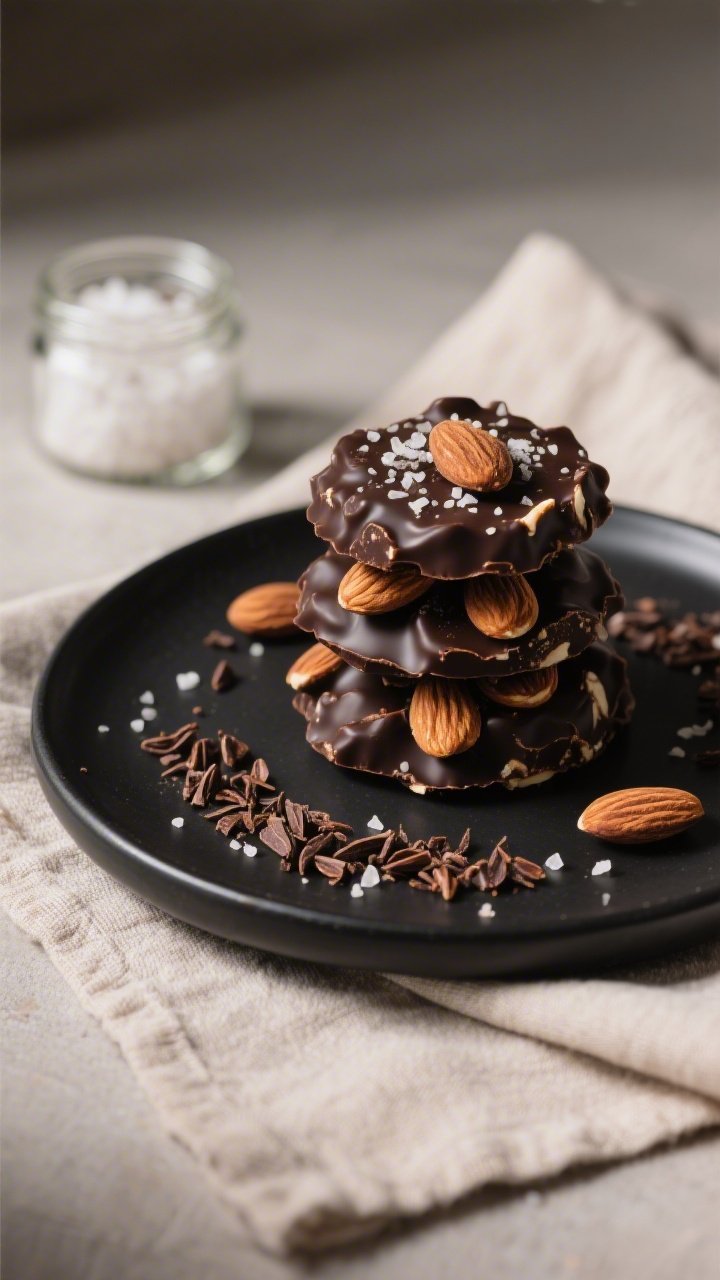 Final dish presentation: Beautifully plated keto dark chocolate almond clusters stacked on a matte b