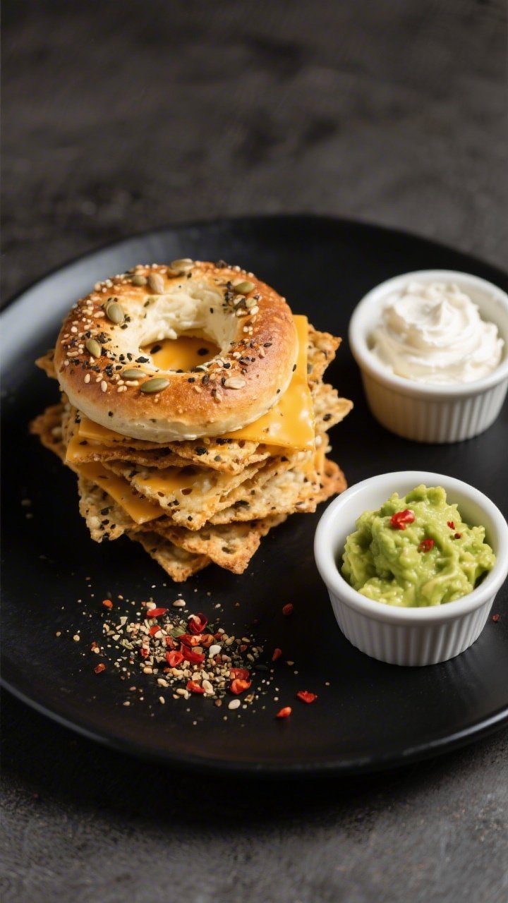 Final dish presentation: Beautifully plated Keto Everything Bagel Cheese Crisps stacked and fanned o