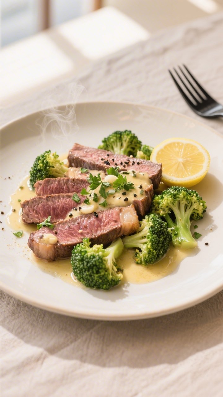 Final dish presentation: Beautifully plated Keto Garlic Butter Steak and Broccoli on a warm white ce