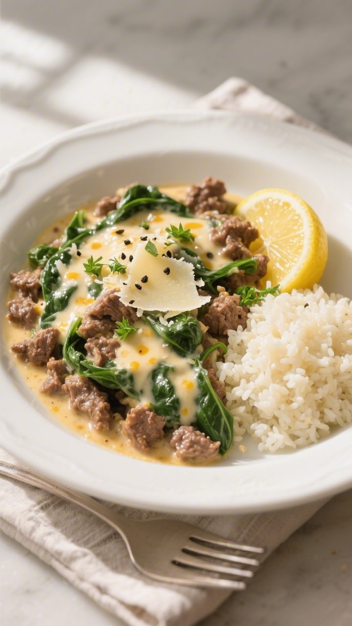 Final dish presentation: Beautifully plated Keto Ground Beef & Spinach Skillet served in a wide, sha