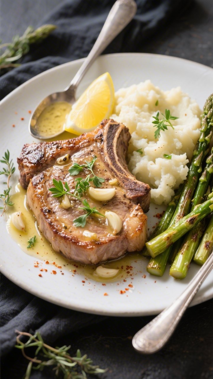 Final dish presentation: Beautifully plated Keto Garlic Butter Pork Chops on a matte white plate, sp