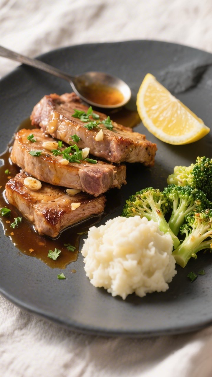 Final dish presentation: Beautifully plated Keto Honey Garlic Pork Chops on a matte charcoal plate, 