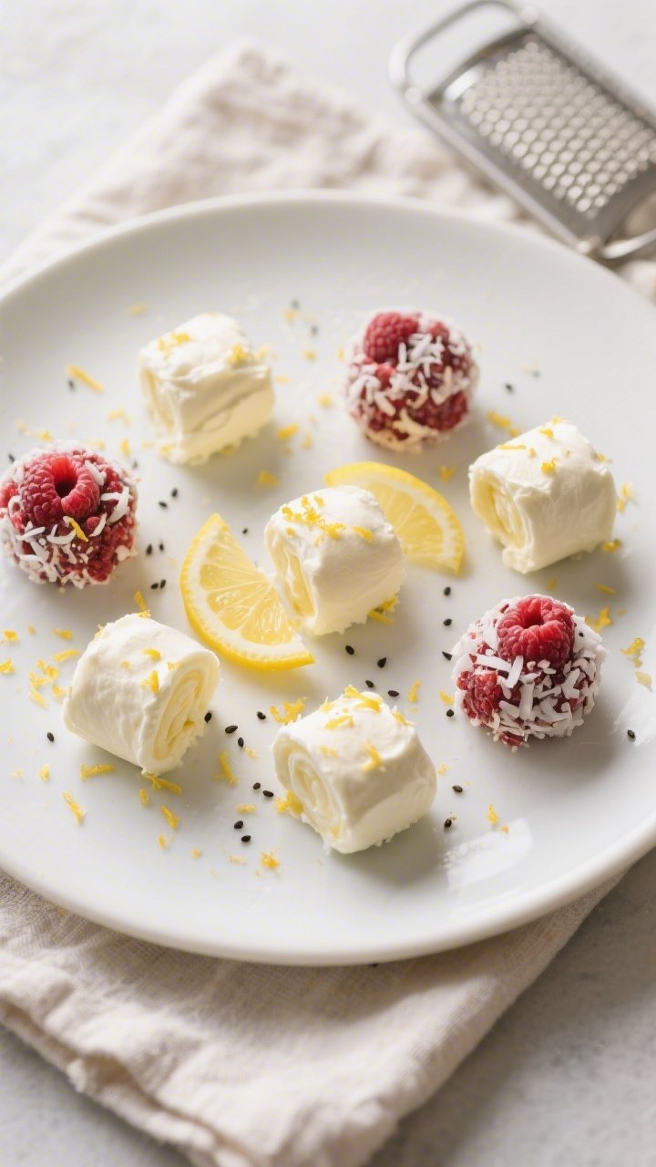 Final dish presentation: Beautifully plated Keto Lemon Cream Cheese Fat Bombs arranged on a matte wh