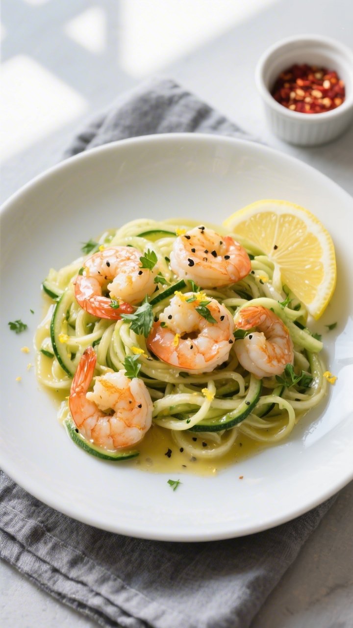 Final dish presentation: Beautifully plated Keto Lemon Butter Shrimp over zucchini noodles, generous