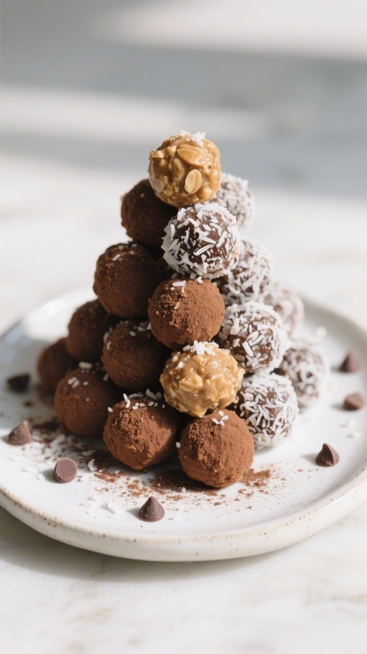 Final dish presentation: Beautifully plated Keto Peanut Butter Coconut Energy Balls arranged in a ne