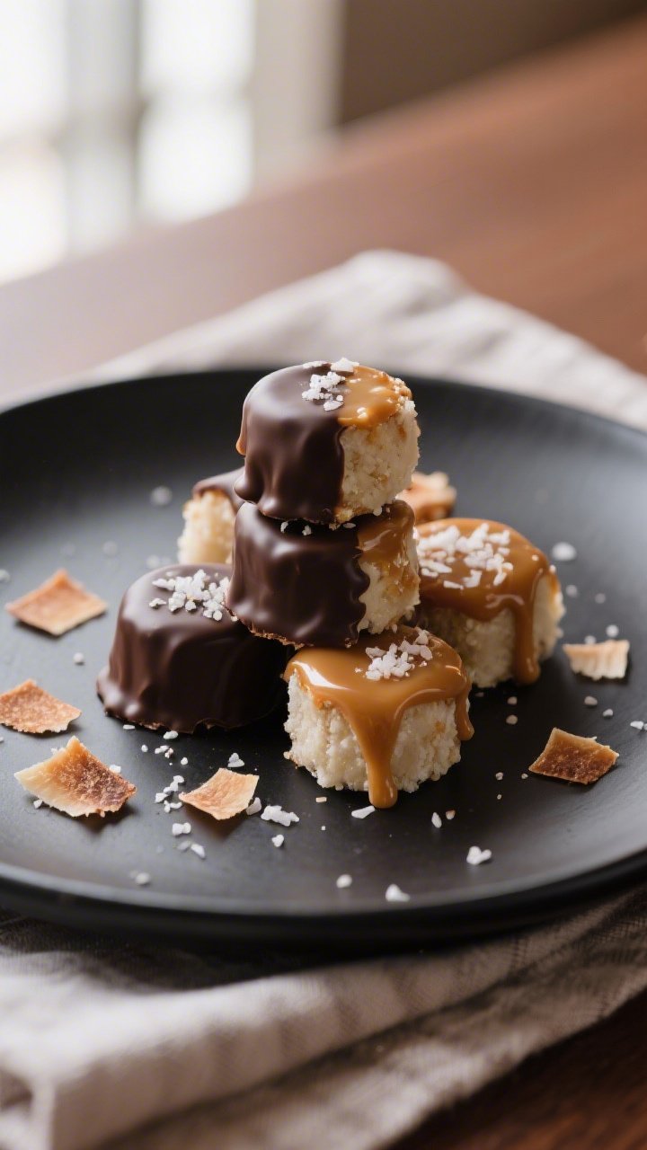 Final dish presentation: Beautifully plated Keto Salted Caramel Coconut Bites arranged in a neat sta