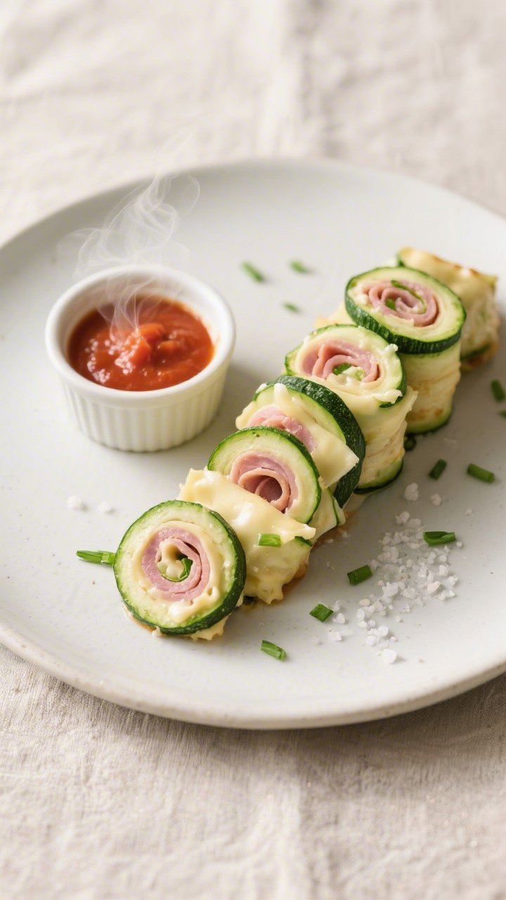Final dish presentation: Beautifully plated Keto Zucchini Ham & Cheese Roll-Ups stacked in a neat st