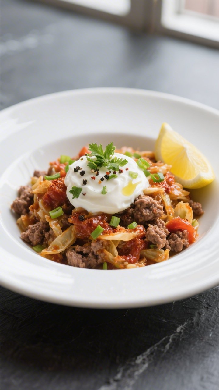 Final dish presentation: Beautifully plated serving of keto ground beef and cabbage in a shallow whi