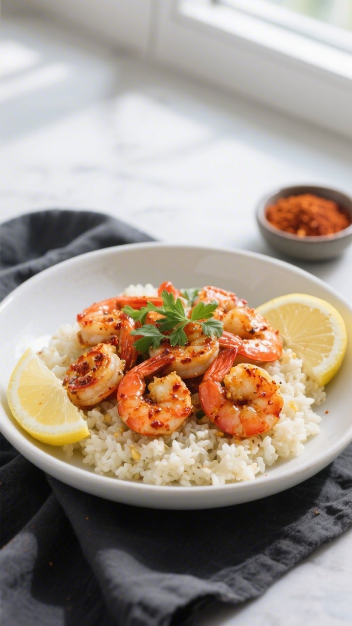 Final dish presentation: Beautifully plated Spicy Cajun Keto Shrimp over fluffy cauliflower rice on 