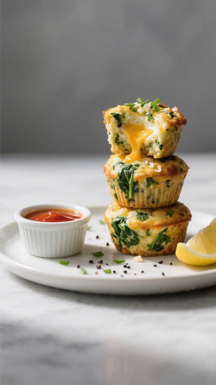 Final dish presentation: Beautifully plated stack of three keto cheesy egg & spinach muffin bites on