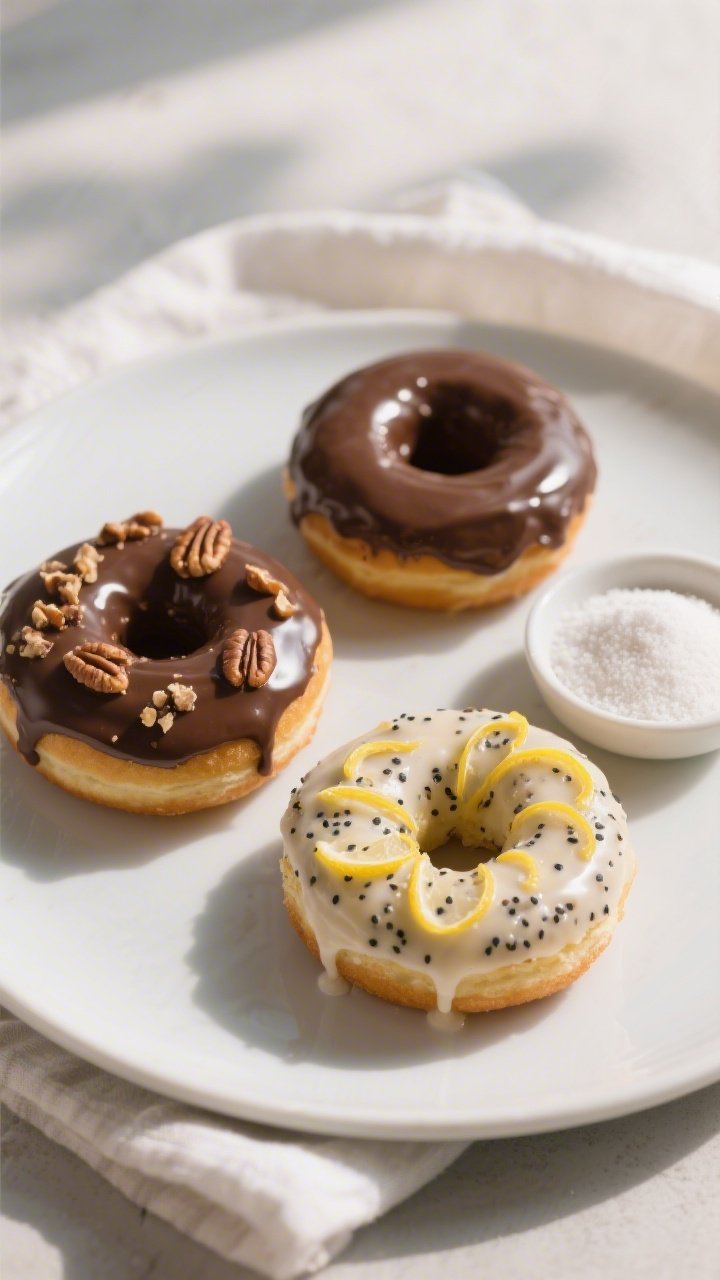 Final dish presentation: Beautifully plated trio of keto donuts in three variations on a matte white