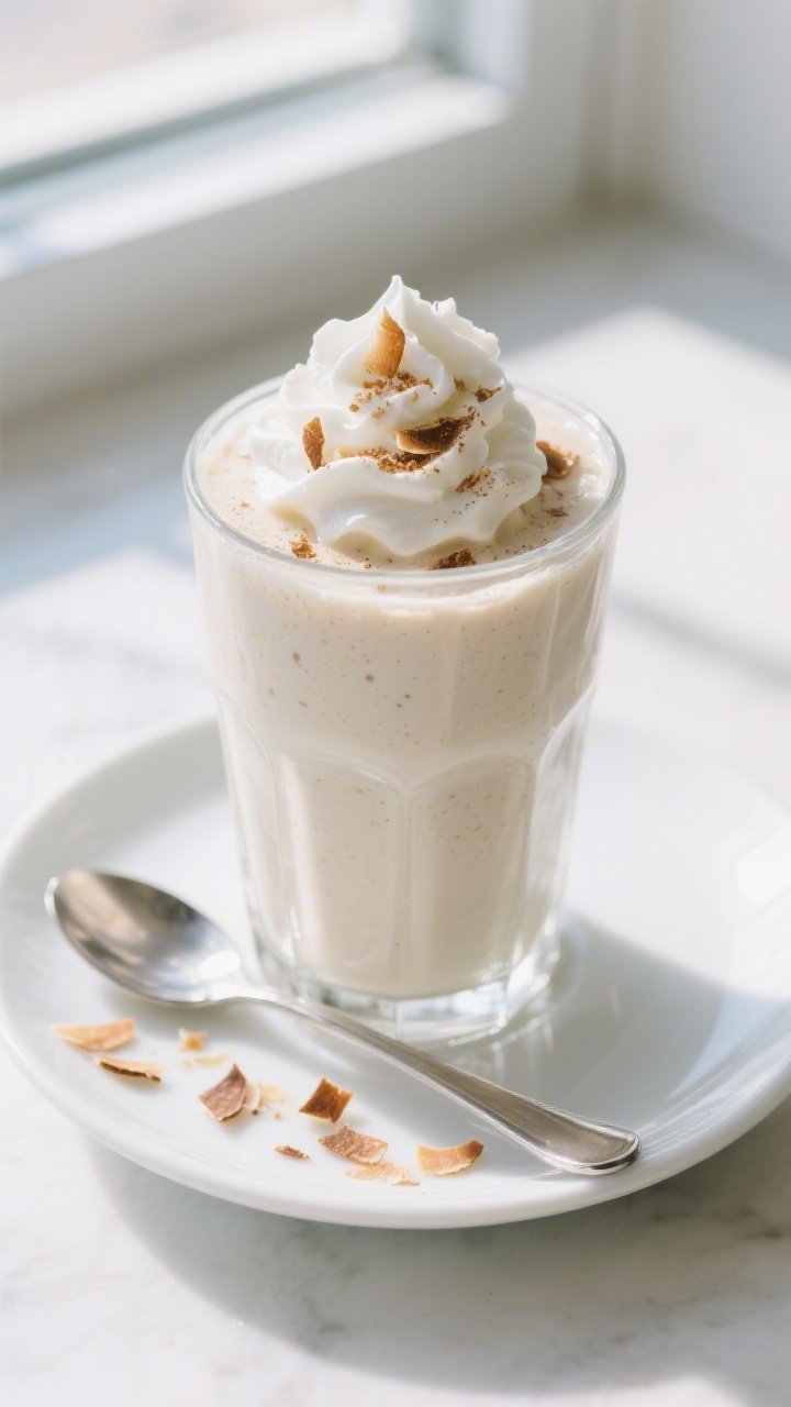 Final dish presentation: Coconut Cream Pie Keto Protein Smoothie poured into a chilled clear highbal