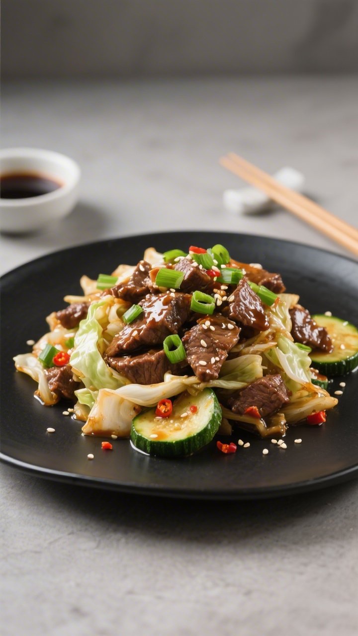 Final dish presentation: Elegant plated keto stir fry without rice on a matte black plate, mounded f