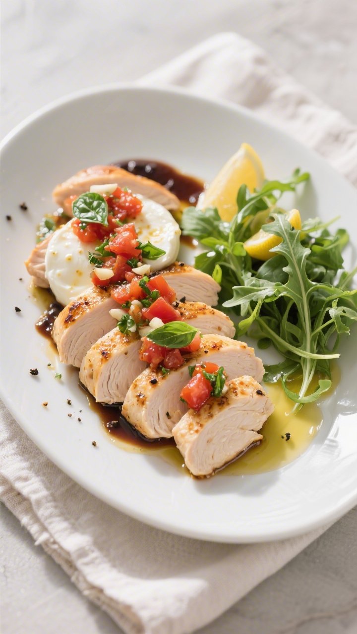 Final dish presentation: Keto Bruschetta Chicken plated restaurant-style on a wide white ceramic pla