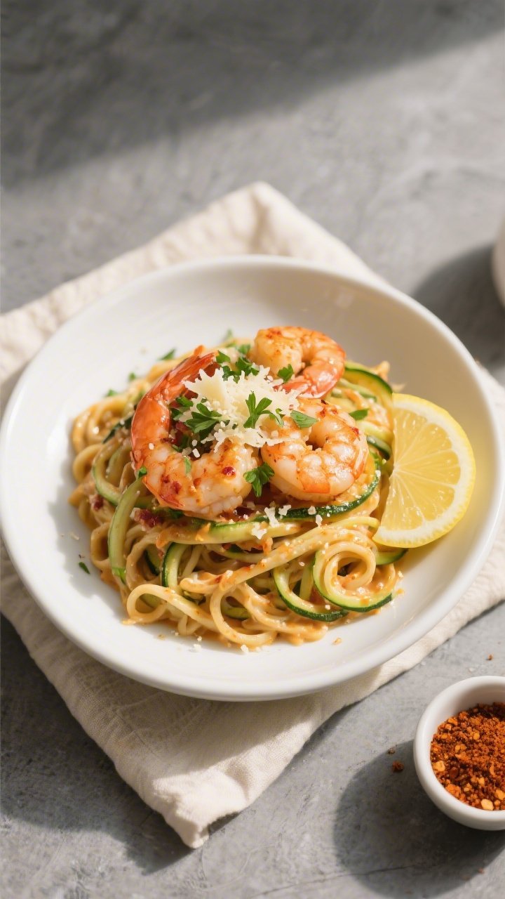 Final dish presentation: Keto Cajun Shrimp Alfredo over twirled zucchini noodles, generously sauced,