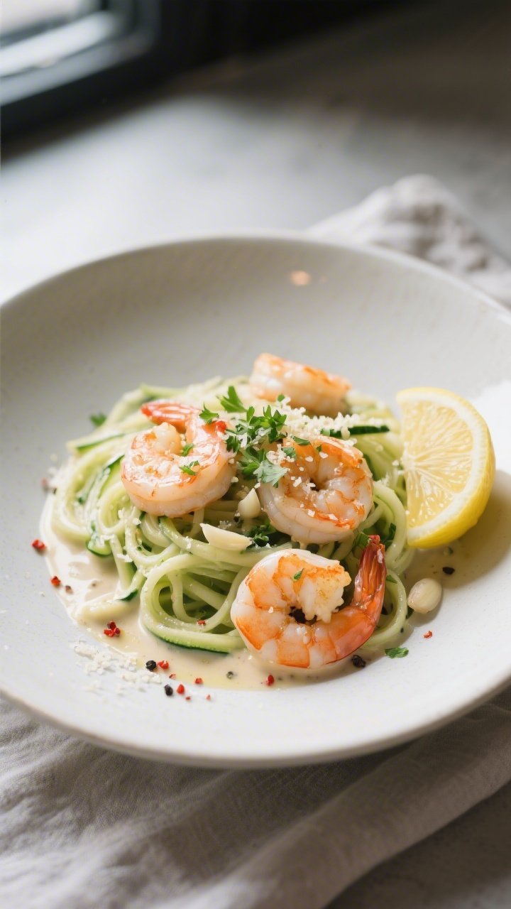 Final dish presentation: Keto Creamy Garlic Shrimp plated in a shallow white bowl over silky zucchin