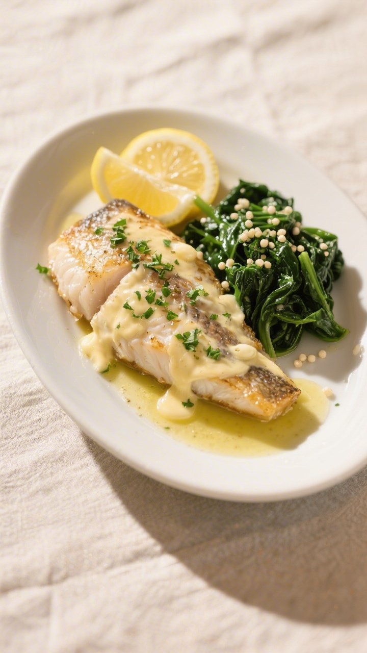 Final dish presentation: Keto Garlic Butter Tilapia plated on a matte white oval plate, fillets spoo