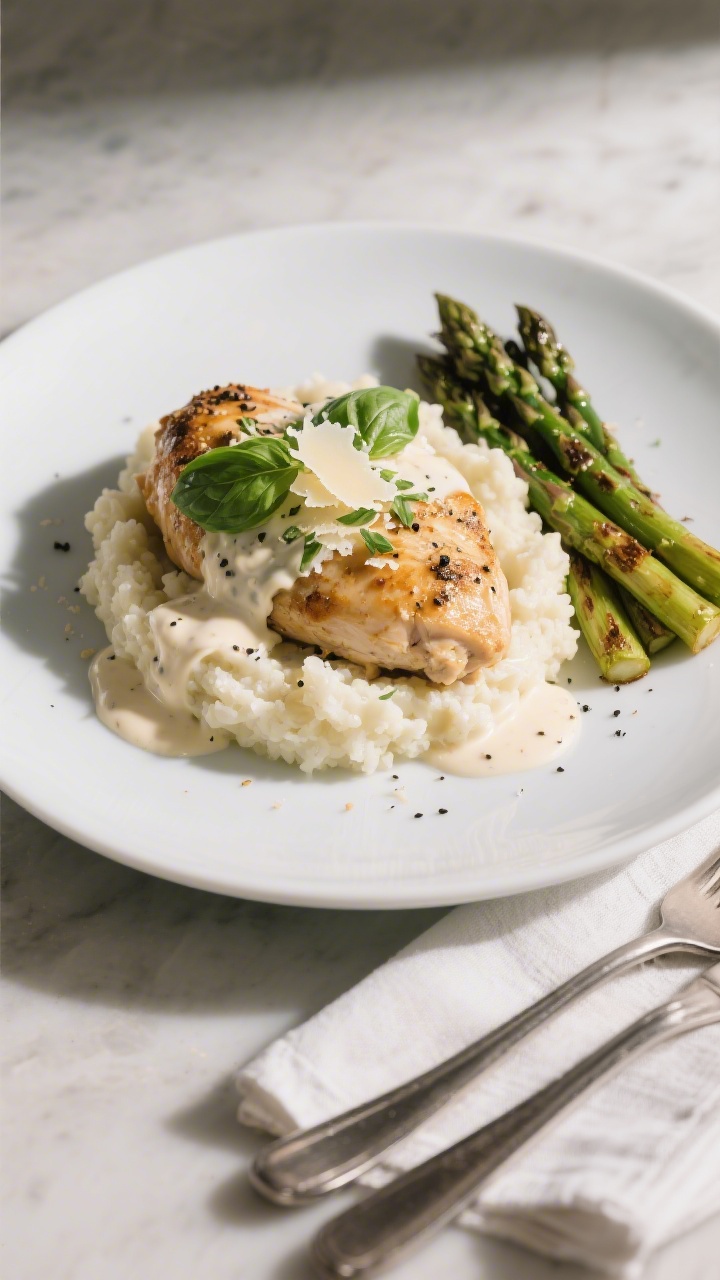 Final dish presentation: Keto Marry Me Chicken plated on a wide, matte-white rimmed plate atop a swi