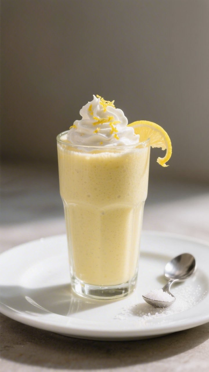 Final dish presentation: Lemon Cheesecake Keto Protein Smoothie poured into a chilled clear highball