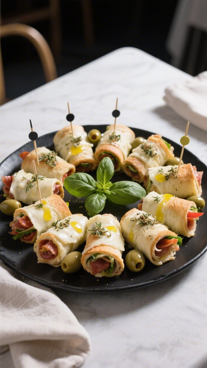 Final dish presentation: Party platter of Keto Italian Sub Roll Ups arranged in a circular fan on a 
