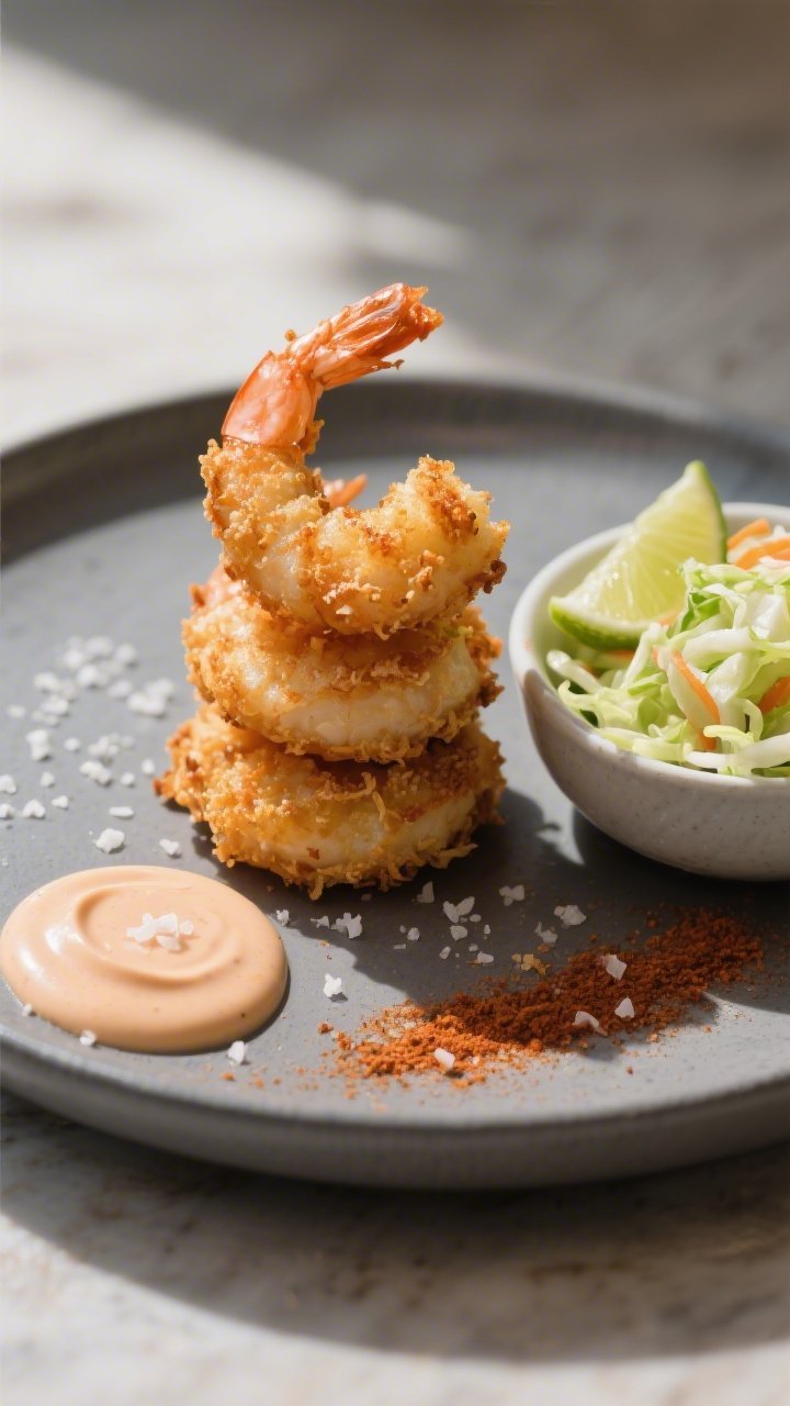 Final dish presentation: Restaurant-quality plate of keto coconut shrimp stacked for height on a sla