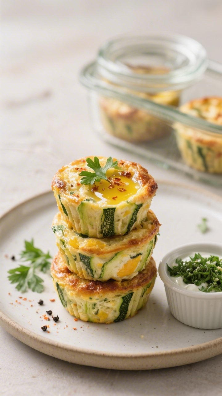 Final dish presentation: Restaurant-quality plate of three keto zucchini egg muffins stacked and sli