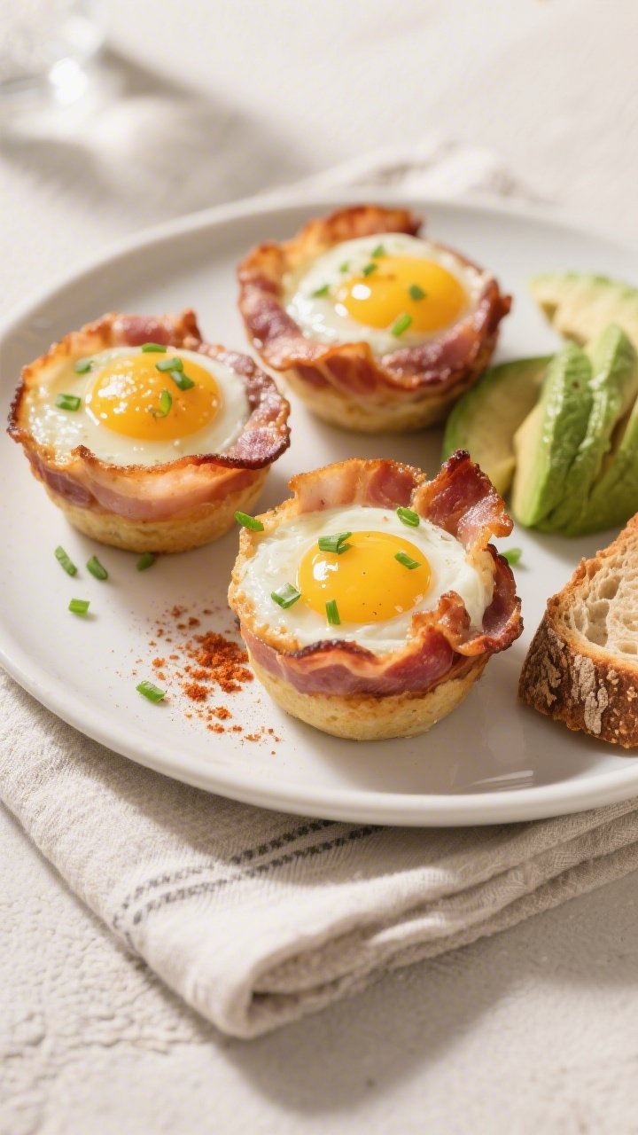 Final dish presentation: Restaurant-quality plated trio of bacon & egg breakfast cups on a matte whi