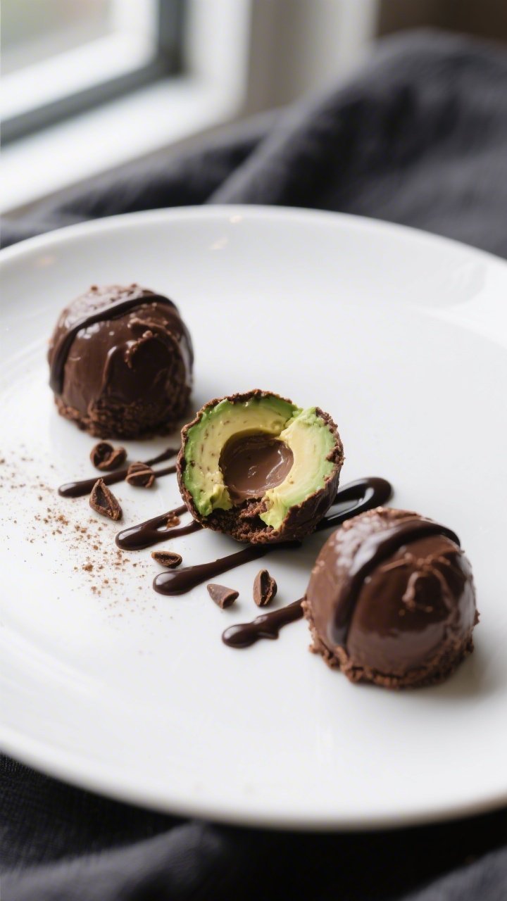 Final dish presentation: Restaurant-quality plated Keto Chocolate Avocado Mousse Bites, three per pl